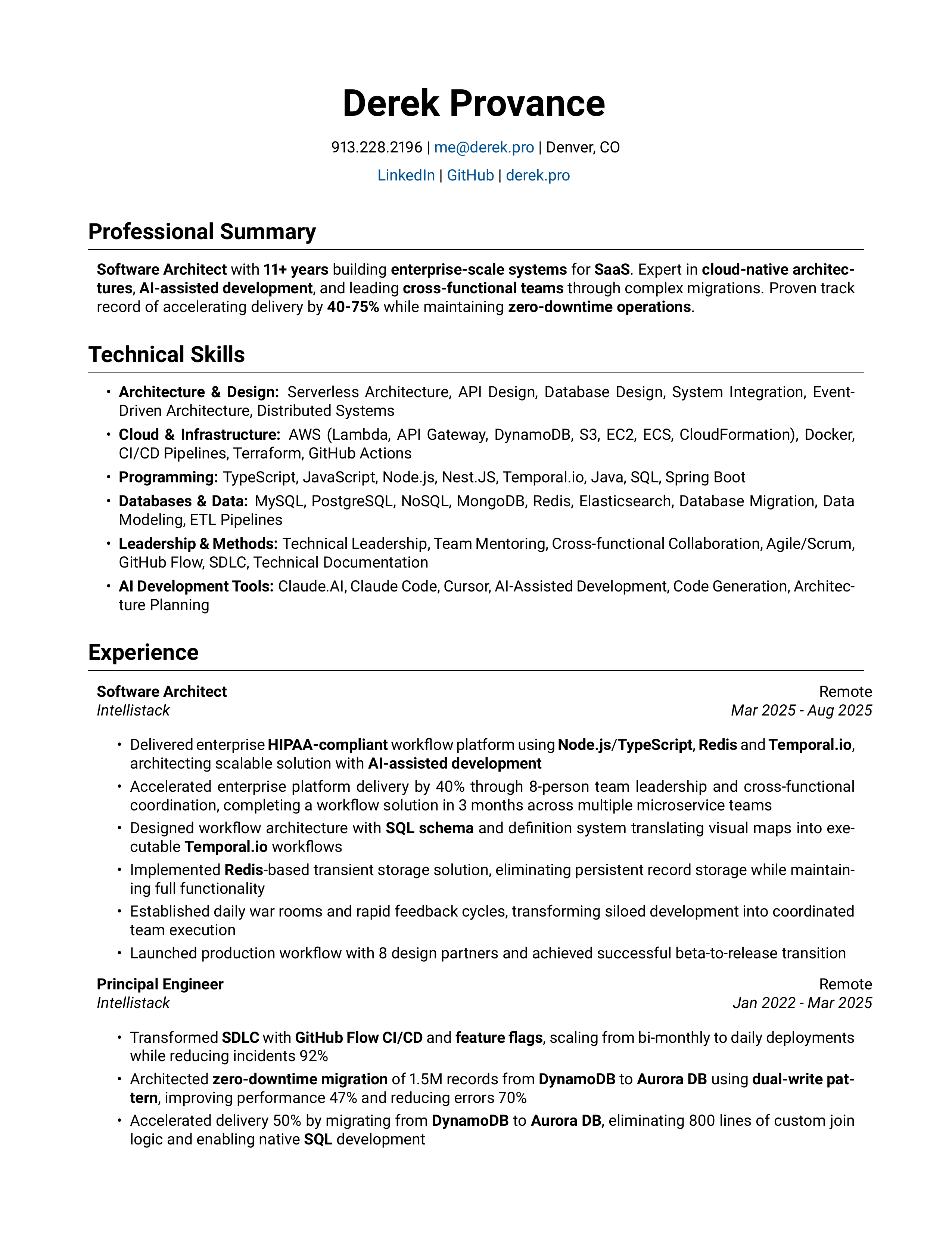 Derek Provance Resume - Page 1: Professional Experience and Technical Skills